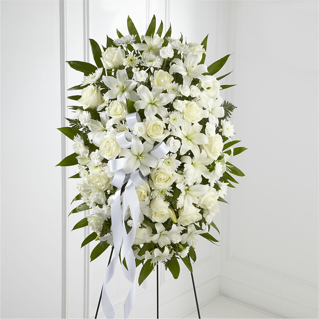 Exquisite Tribute Standing Spray-White Ribbon – Designs By Debbie, Cassville MO